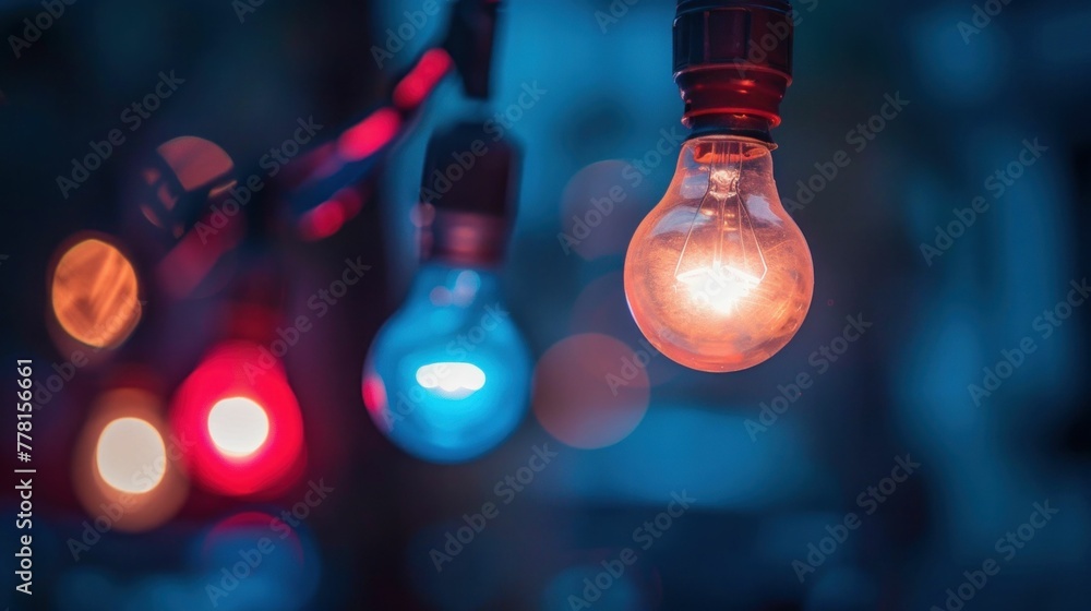 Brightly Lit Light Bulbs Illuminating a Dark Background with Bokeh Lights Displaying Energy and Creativity