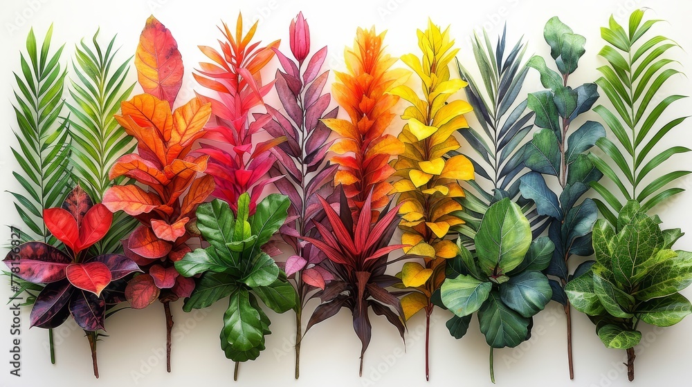 Fototapeta premium a row of different colored leaves on top of each other in front of a white wall with a white background.