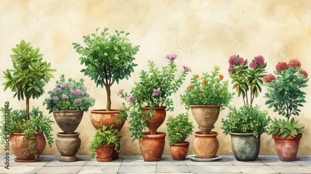 a group of potted plants sitting on top of a white tile floor next to each other on top of a wall.