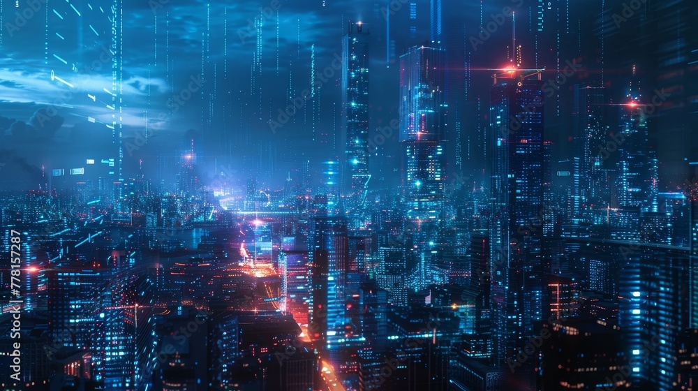A futuristic cityscape with holographic pathways
