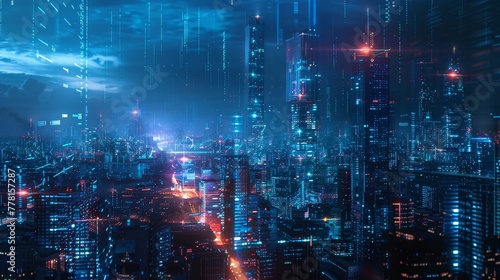 A futuristic cityscape with holographic pathways
