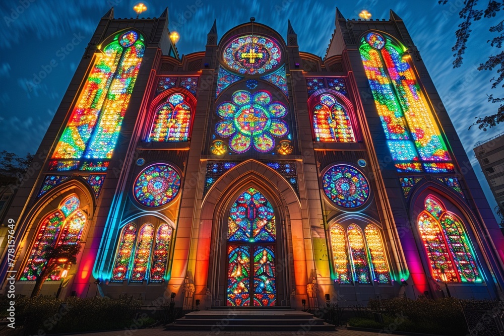 The colorful illumination of the church facade, with its intricate carvings and vibrant stained glass windows, draws worshippers into its sacred space, super detailed