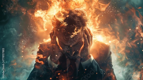 Close-up of a stressed businessman clutching his head, flames and smoke emanating from his mind, representing pressure Intense, metaphorical. photo