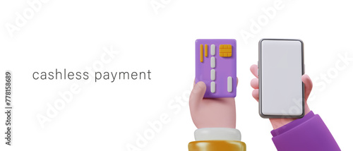 Concept of cashless payment. Set of vector 3D hands with credit card and smartphone