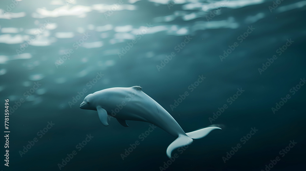 Majestic beluga whale gliding gracefully through the depths, framed by a serene, blurred ocean backdrop