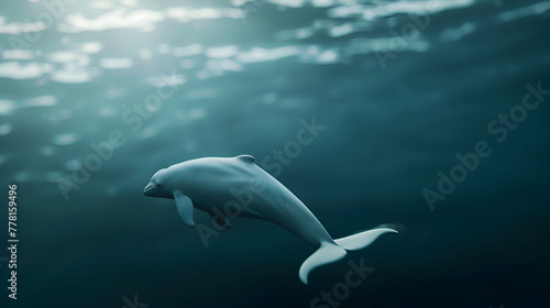 Majestic beluga whale gliding gracefully through the depths, framed by a serene, blurred ocean backdrop © MistoGraphy