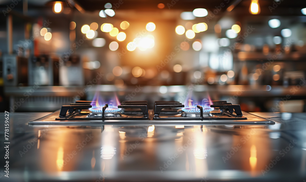 A professional bright kitchen with a blurred background - gas oven - orange tongues of blue flame of a gas burner - obrazy, fototapety, plakaty 