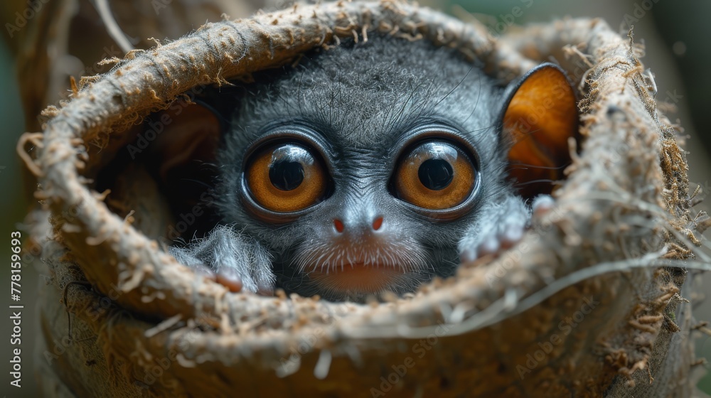 a close up of a small animal inside of a palm tree with a surprised look on it's face. a close up of a small animal inside of a palm tree with a surprised look on it's face.