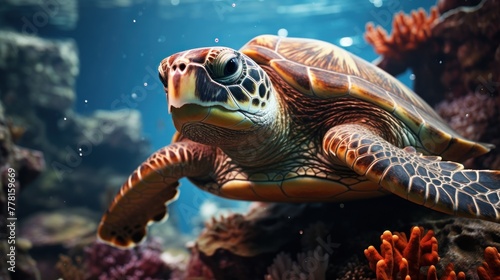 Turtles are swimming in the deep sea with coral rocks that look very exotic