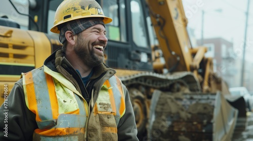 Joyful Worker in Safety Gear Amidst Construction Vehicles