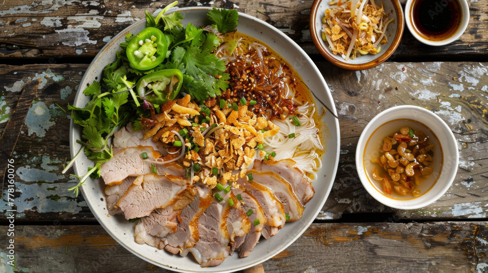 Traditional vietnamese noodle dish with toppings