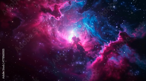 Celestial Dance in Magenta and Cyan. The dramatic dance of star formation unfolds in a colorful display of magenta and cyan within the depths of a dense nebula, stars twinkling in the backdrop
