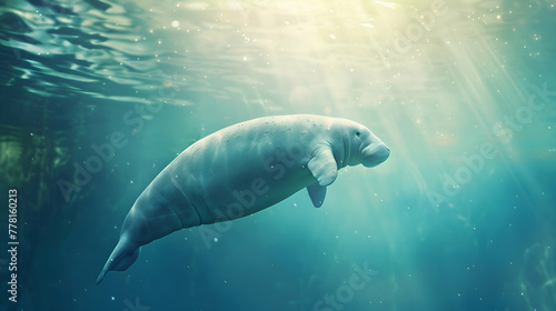 Majestic dugong gliding gracefully through shimmering waters with serene copy space and blurred aquatic flora