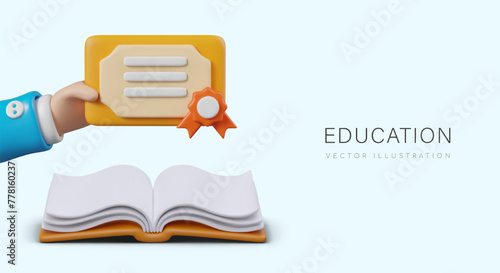 Vector 3D concept of successful learning. Advertisement of college, school, academy, online courses