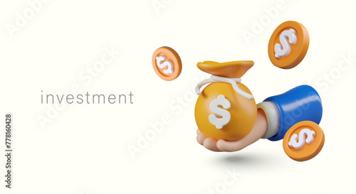 Hand is holding bag with dollar sign, coins are flying around