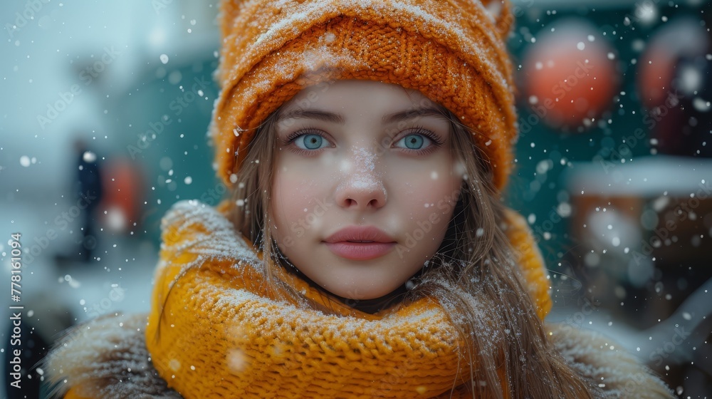 a woman with blue eyes wearing a yellow scarf and a knitted hat with a snowflake on it. a woman with blue eyes wearing a yellow scarf and a knitted hat with a snowflake on it.