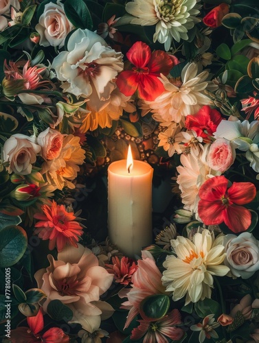 candle in a wreath of flowers.