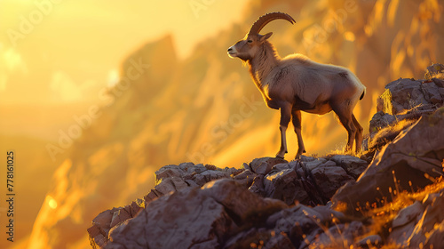 Majestic Ibex perched on rocky terrain, framed against a golden sunset with copy space and blurred mountainous backdrop
