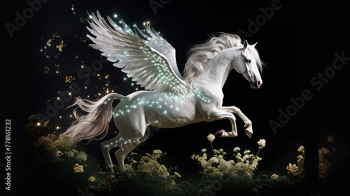 Majestic white horse with wings standing in a vibrant field of colorful flowers