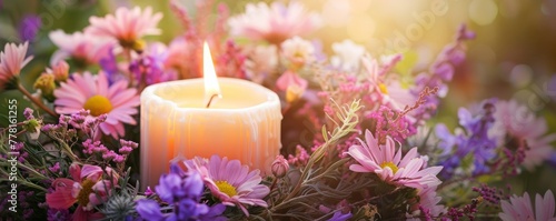 candle in a wreath of flowers.