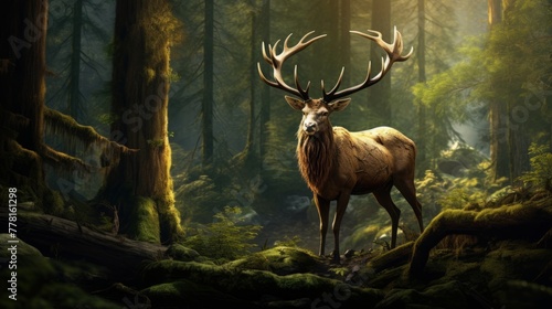 Majestic deer standing in the heart of the tranquil forest © Cloudyew