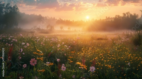 A field of flowers with a sun in the sky. The sun is shining brightly and the flowers are in full bloom. The sky is hazy and the air is cool