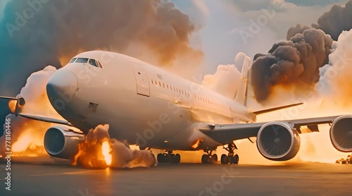 Tragic Air Disaster - Burning Airplane Scene, Accident News Material photo