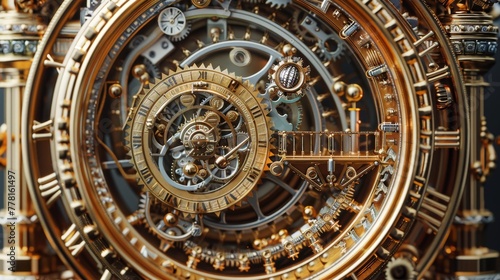 A clock with gold roman numerals and gears. The clock is a work of art and not a functional timepiece