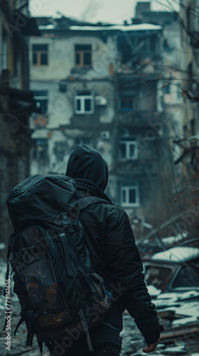Mysterious figure with backpack facing dilapidated buildings in urban ruins