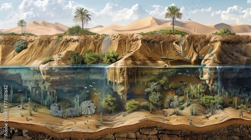 A painting of a desert landscape with a river running through it. The painting is full of life and color, with a variety of plants and animals visible. The mood of the painting is peaceful and serene