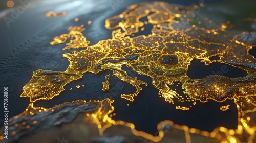 a close up of a map of europe with lights in the middle of the map and the city lights in the middle of the map.