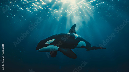 Majestic orca gliding gracefully through the azure depths, framed by a soft, ethereal blur of ocean currents