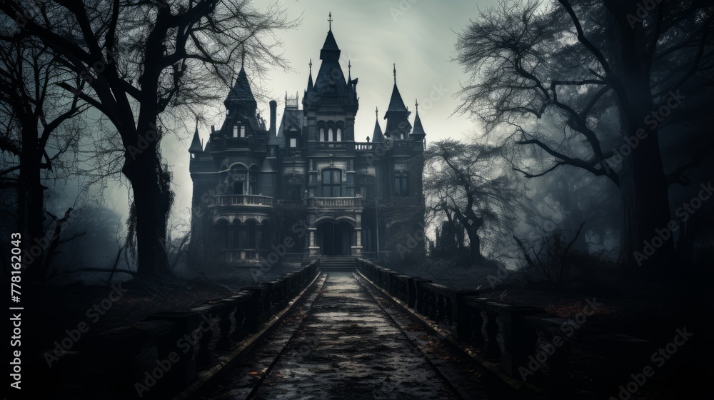 Sinister haunted mansion with crumbling architecture and fog