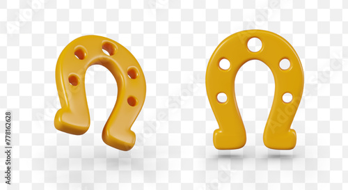 Realistic golden horseshoe in cartoon style. Metal talisman, symbol of good luck