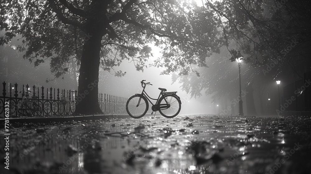 Obraz premium A solitary bicycle stands resilient in the rain-drenched urban landscape, its silhouette a testament to endurance and tranquility-1