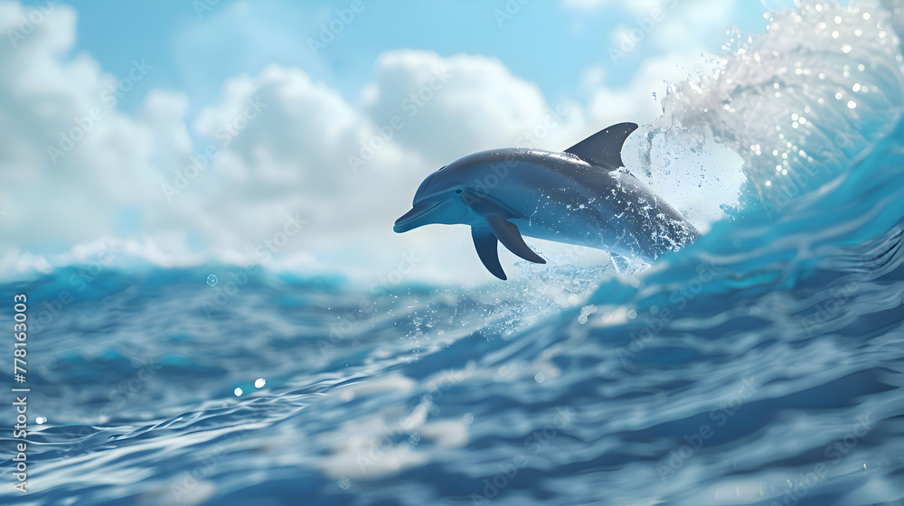 Fototapeta premium Playful dolphin leaping gracefully amidst the azure waves, with a serene horizon in the backdrop