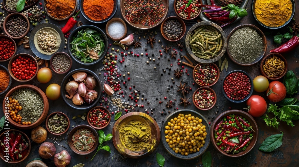 A variety of spices and herbs are displayed in bowls on a counter. The spices include cumin, paprika, and chili flakes. The bowls are arranged in a circle, with some placed closer to the center A variety of spices and herbs are displayed in bowls on a counter. The spices include cumin, paprika, and chili flakes. The bowls are arranged in a circle, with some placed closer to the center