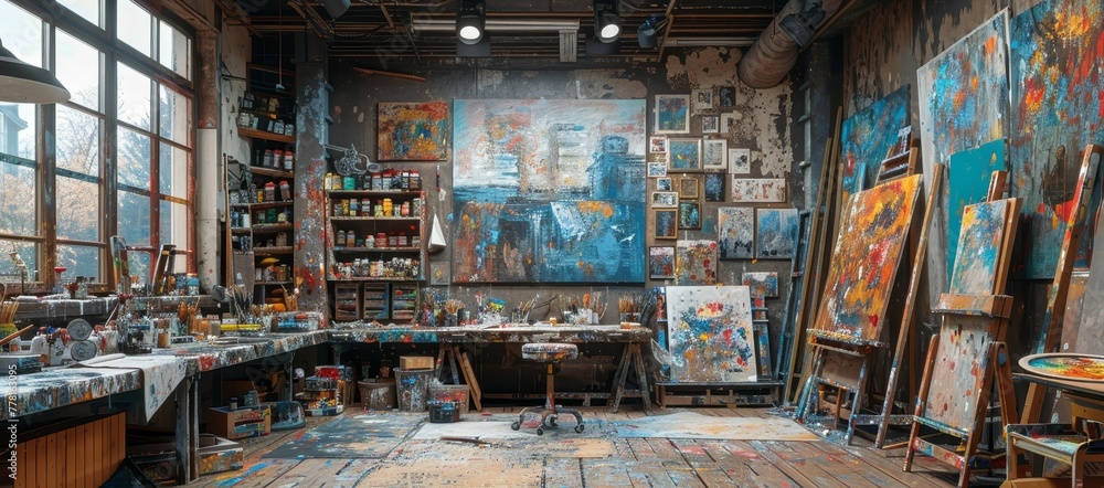 A messy art studio with a large painting on the wall. The room is filled with various art supplies, including paint, brushes, and easels. The atmosphere is creative and chaotic A messy art studio with a large painting on the wall. The room is filled with various art supplies, including paint, brushes, and easels. The atmosphere is creative and chaotic