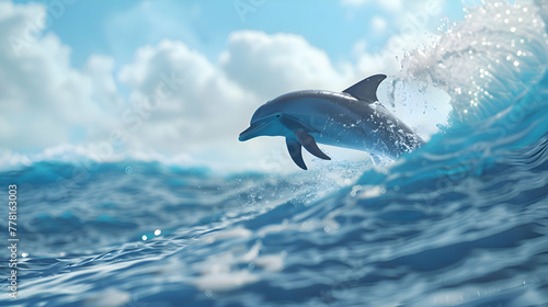 Playful dolphin leaping gracefully amidst the azure waves, with a serene horizon in the backdrop © MistoGraphy