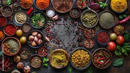 A variety of spices and herbs are displayed in bowls on a counter. The spices include cumin, paprika, and chili flakes. The bowls are arranged in a circle, with some placed closer to the center
