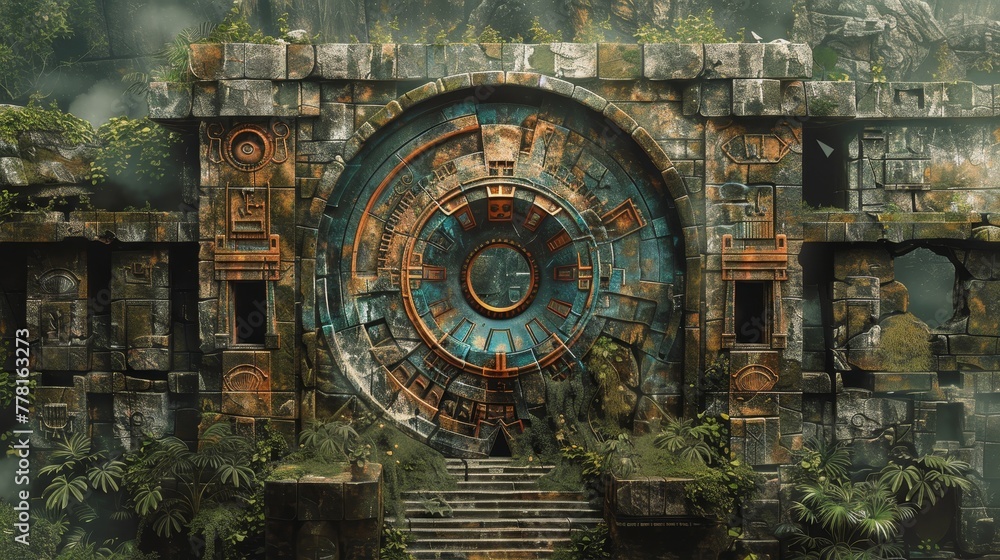 A large blue and orange circle with a stone wall in the background. The scene is set in a jungle-like environment with a lot of greenery
