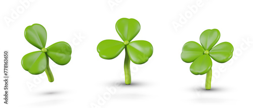 Green shamrock and four leaf clover in different positions. Vector plant in plasticine style