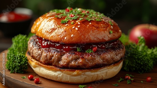 a hamburger sitting on top of a bun covered in ketchup and a sprig of parsley. © Mikus
