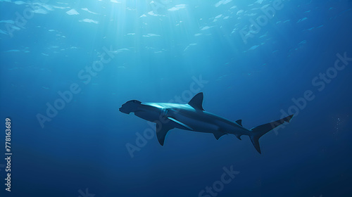 Solitary hammerhead shark patrolling the depths of the ocean, its silhouette stark against a softly blurred expanse of deep blue sea © MistoGraphy