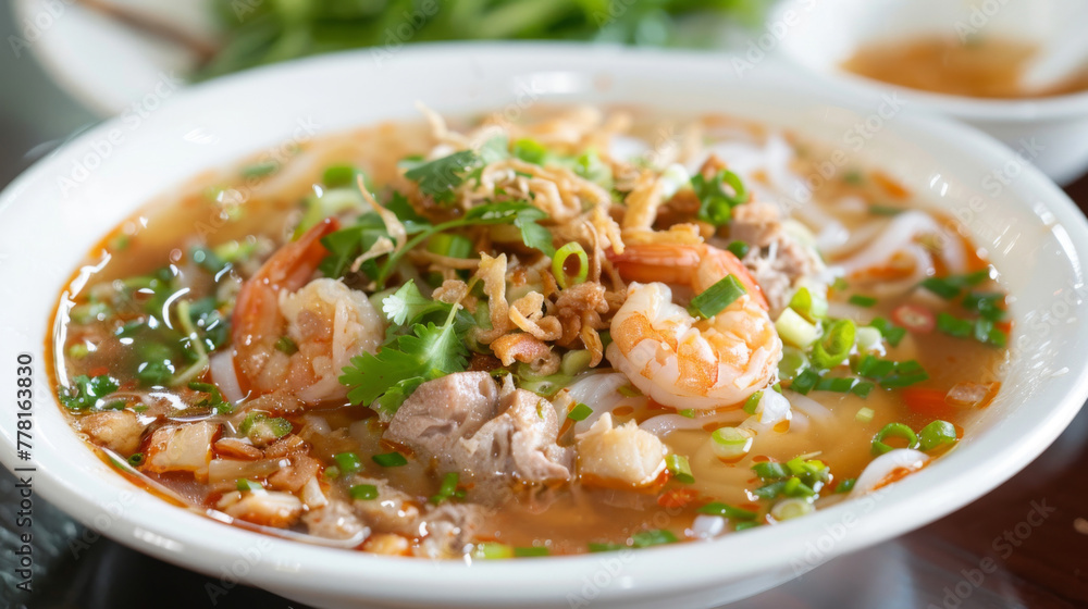 Traditional vietnamese pho soup with shrimp
