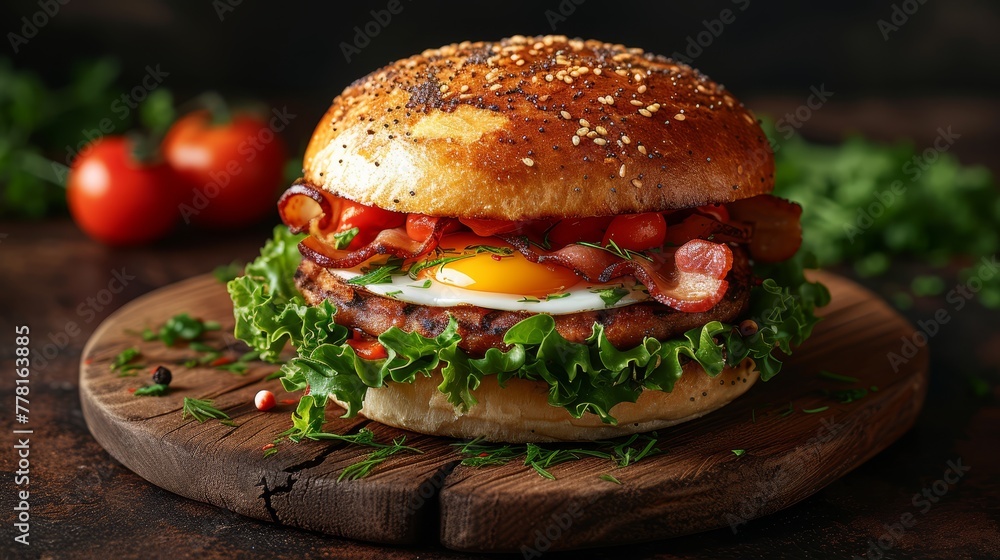 a bacon, egg, and lettuce sandwich on a wooden cutting board next to tomatoes and lettuce. a bacon, egg, and lettuce sandwich on a wooden cutting board next to tomatoes and lettuce.