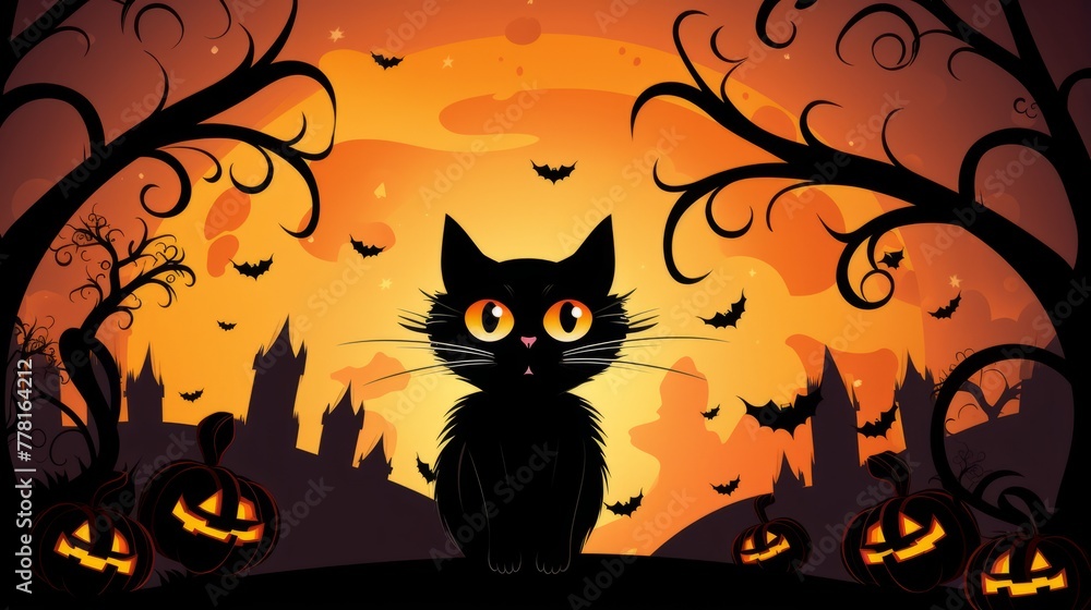 Halloween themed cat clip art with a spooky backdrop