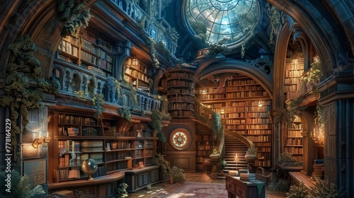 A large room with a lot of books and a clock on the wall. The room has a cozy and inviting atmosphere
