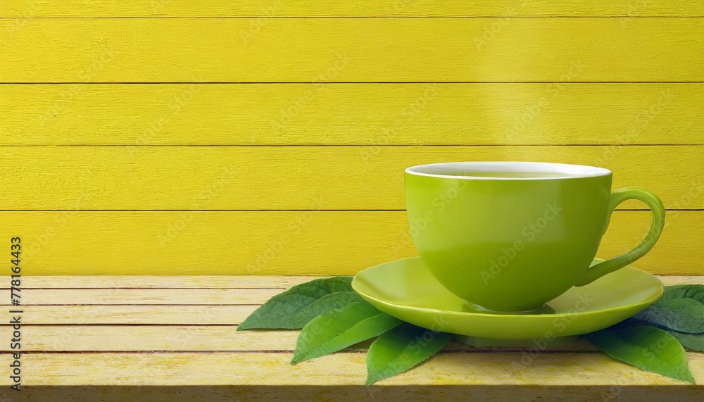 Green tea cup on yellow wooden background with copy space for text Green tea cup on yellow wooden background with copy space for text