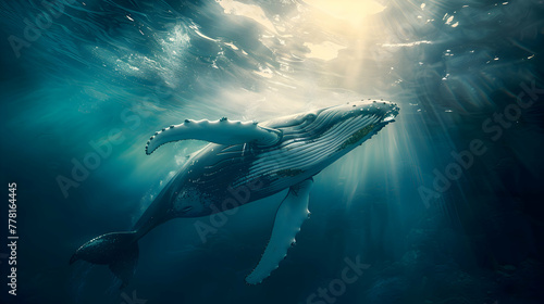 Sunlight filtering through the depths, illuminating a humpback whale in mid-swim, its massive form creating a striking contrast against the softly blurred underwater landscape © MistoGraphy